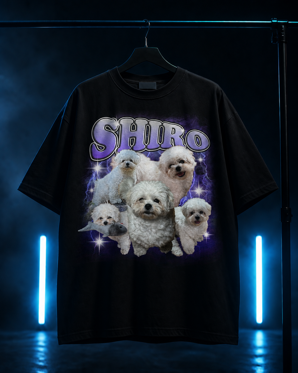 5匹の白い犬をデザインしたSHIROブラックラップTの合成サンプル