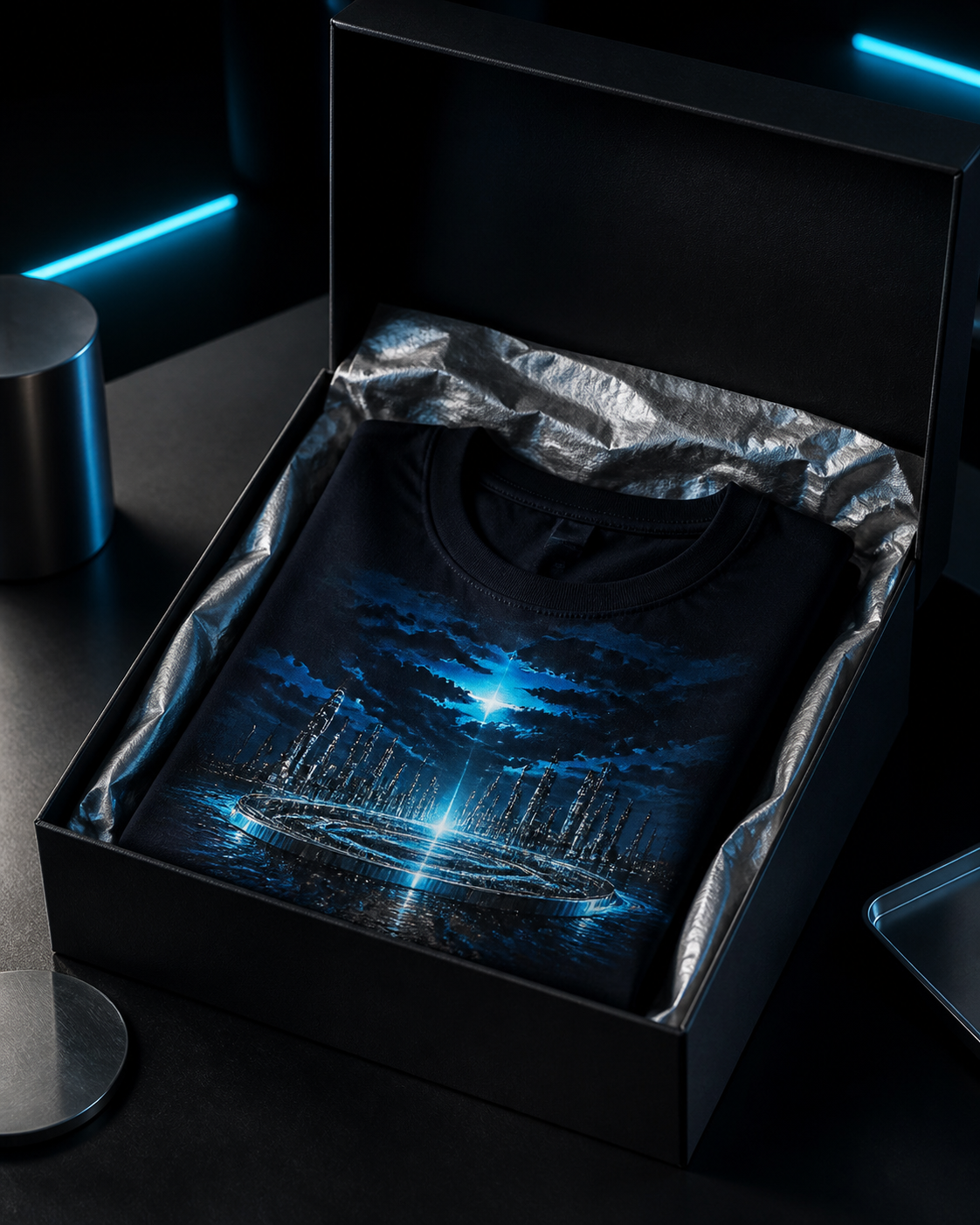ギフトBOXに入ったブラックのオリジナルラップTの合成サンプル